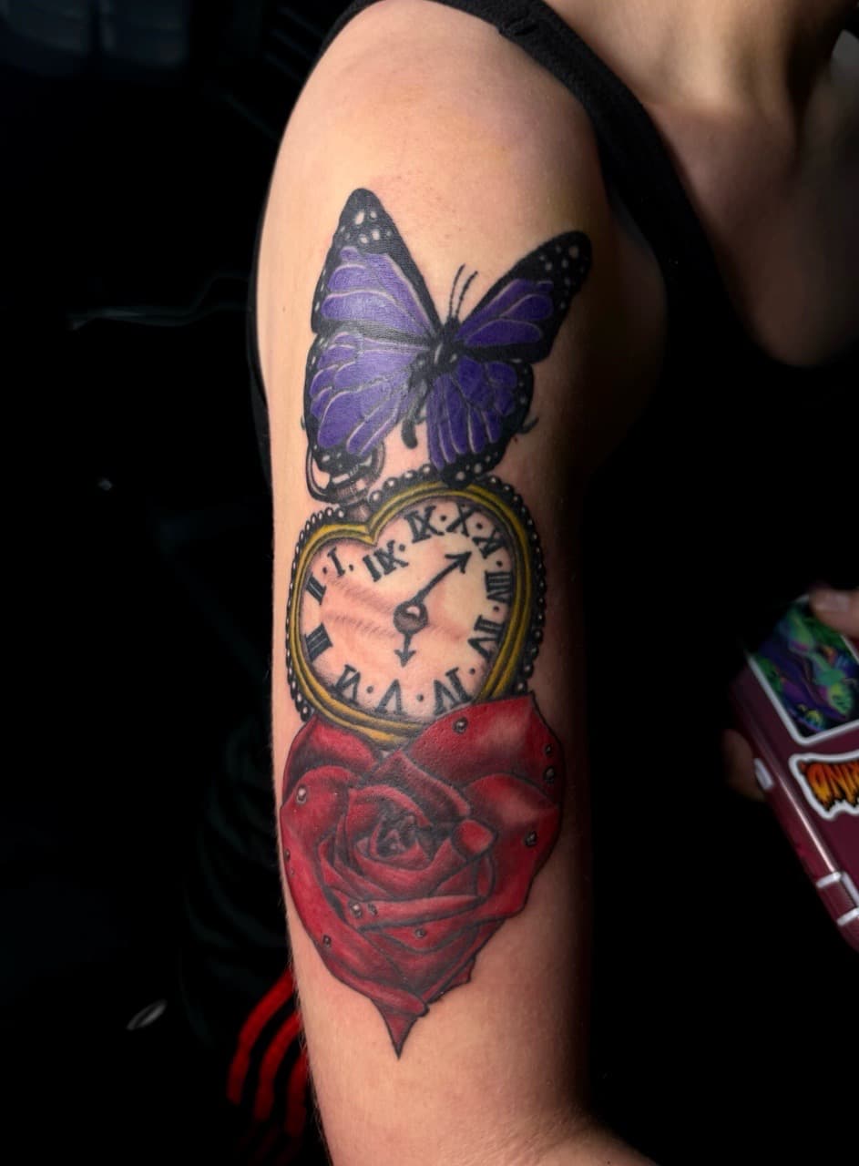 Color + Illustrative butterfly tattoo on Upper Arm by xRay_The_Artist on TattMe