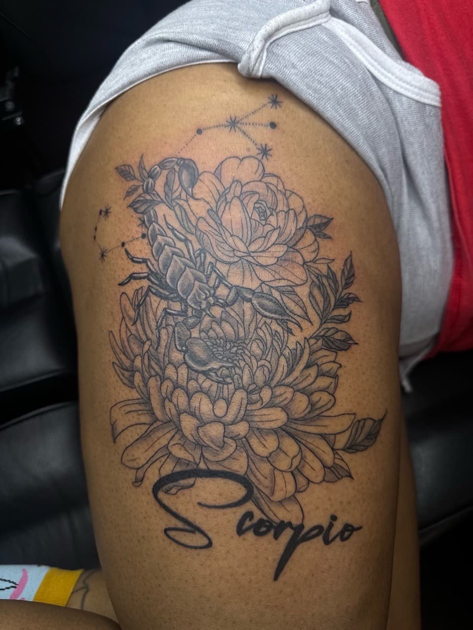 Fine Line + Black & Grey scorpion tattoo on Thigh by xRay_The_Artist on TattMe