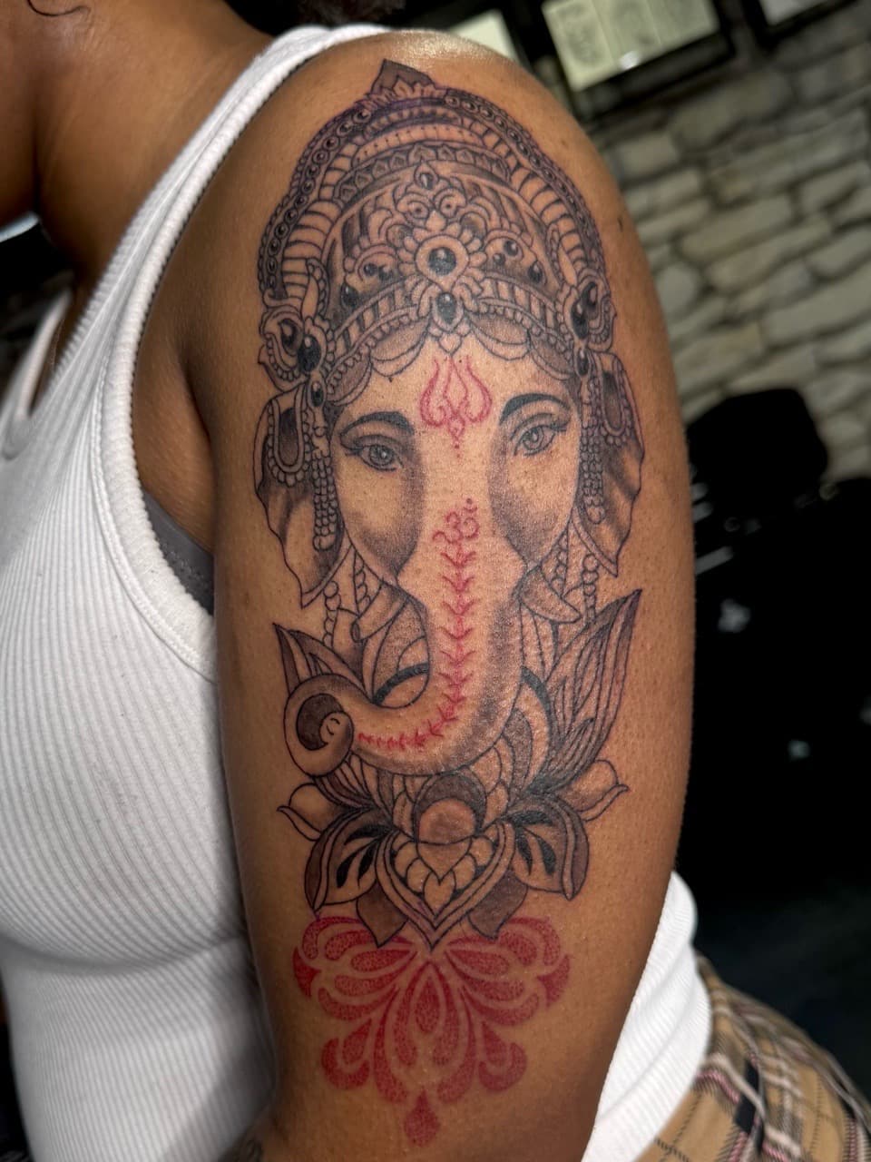 Illustrative + Black-work ganesha tattoo on Upper Arm by xRay_The_Artist on TattMe