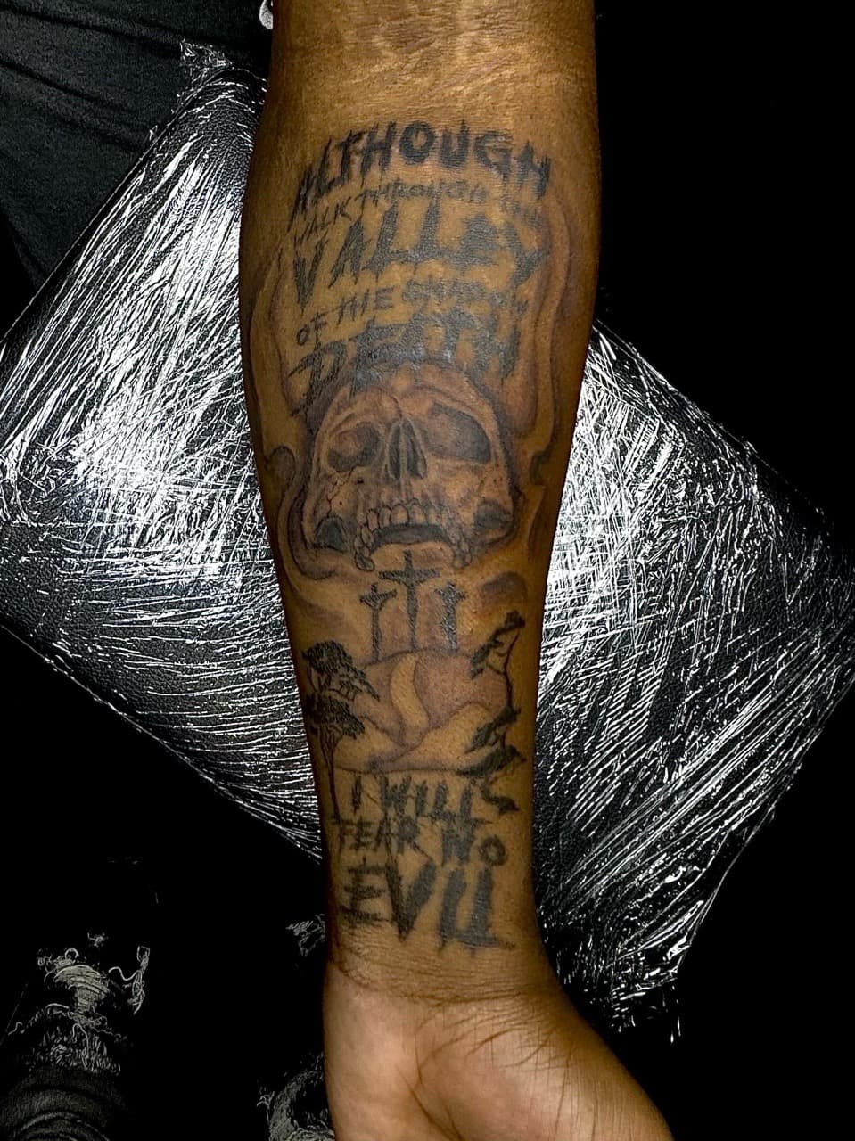 Black & Grey + Lettering skull tattoo on Forearm by xRay_The_Artist on TattMe