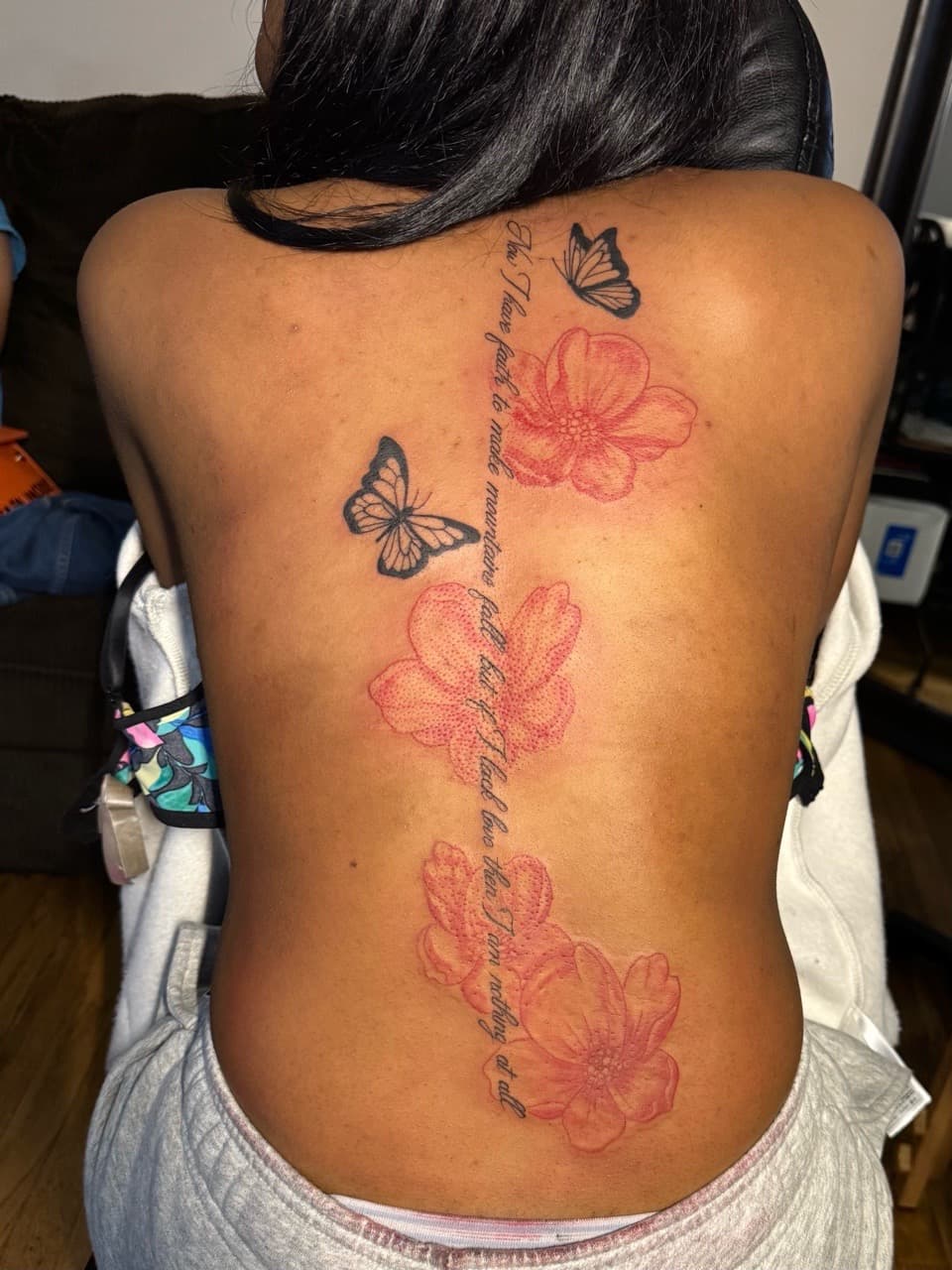 Fine Line + Floral butterflies tattoo on Spine by xRay_The_Artist on TattMe