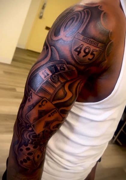 Black & Grey + Illustrative roulette wheel tattoo on Half Sleeve by Capital_City_Art_Loft on TattMe