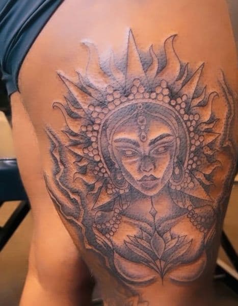 Fine Line + Black & Grey woman tattoo on Thigh by Capital_City_Art_Loft on TattMe
