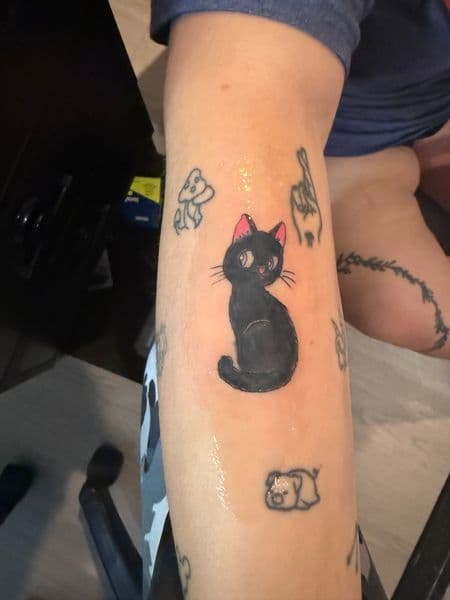 Illustrative + Cartoon cat tattoo on Calf by Siren_Tattoo on TattMe