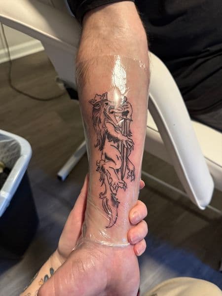 Line-work + Black & Grey lion tattoo on Forearm by Siren_Tattoo on TattMe