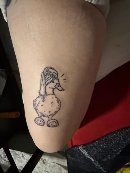Line-work + Cartoon duck tattoo on Upper Arm by Siren_Tattoo on TattMe