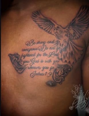 Black & Grey + Lettering dove tattoo on Chest by MauniiTheIllustrator on TattMe