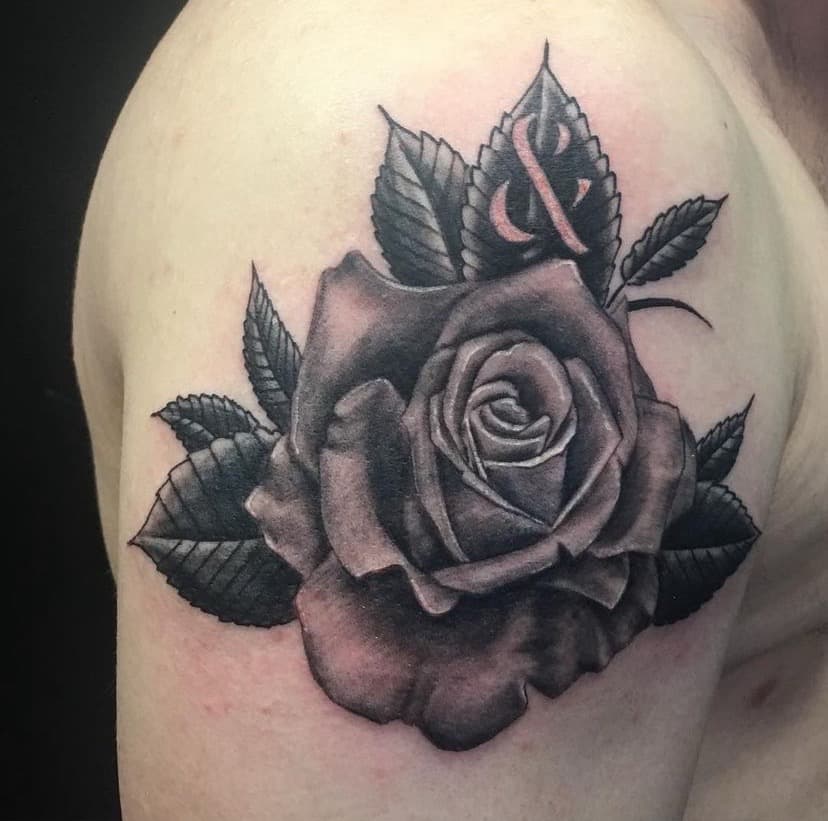 Black & Grey + Floral rose tattoo on Shoulder by A1_gallery on TattMe