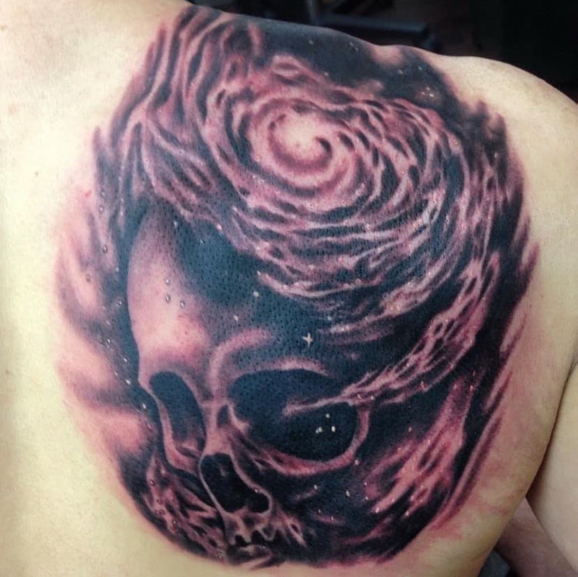 Surrealism + Color skull tattoo on Shoulder Blade by A1_gallery on TattMe
