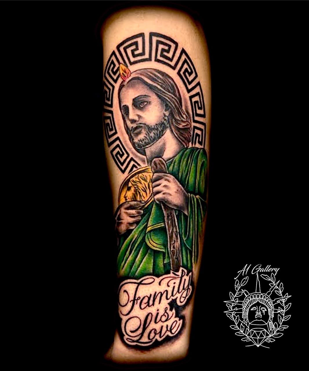 Color + Illustrative saint tattoo on Forearm by A1_gallery on TattMe