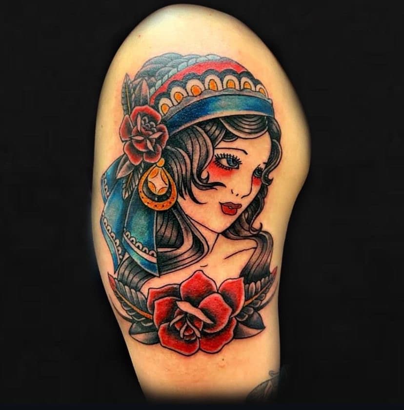 American Traditional + Traditional woman tattoo on Upper Arm by A1_gallery on TattMe