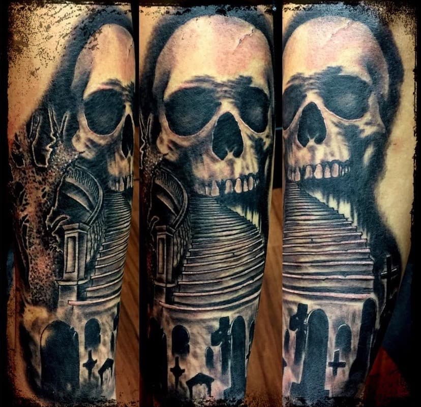 Black & Grey + Realism skull tattoo on Forearm by A1_gallery on TattMe