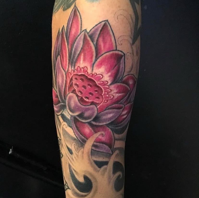 Japanese + Color lotus tattoo on Calf by A1_gallery on TattMe