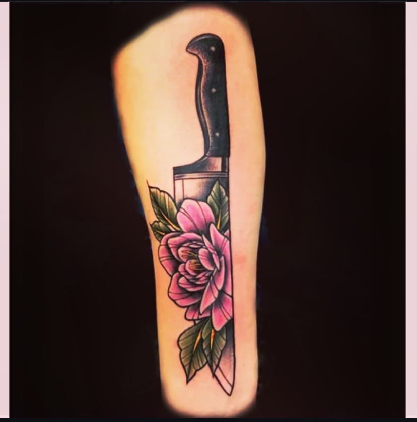 Neo-Traditional + Color knife tattoo on Upper Arm by A1_gallery on TattMe