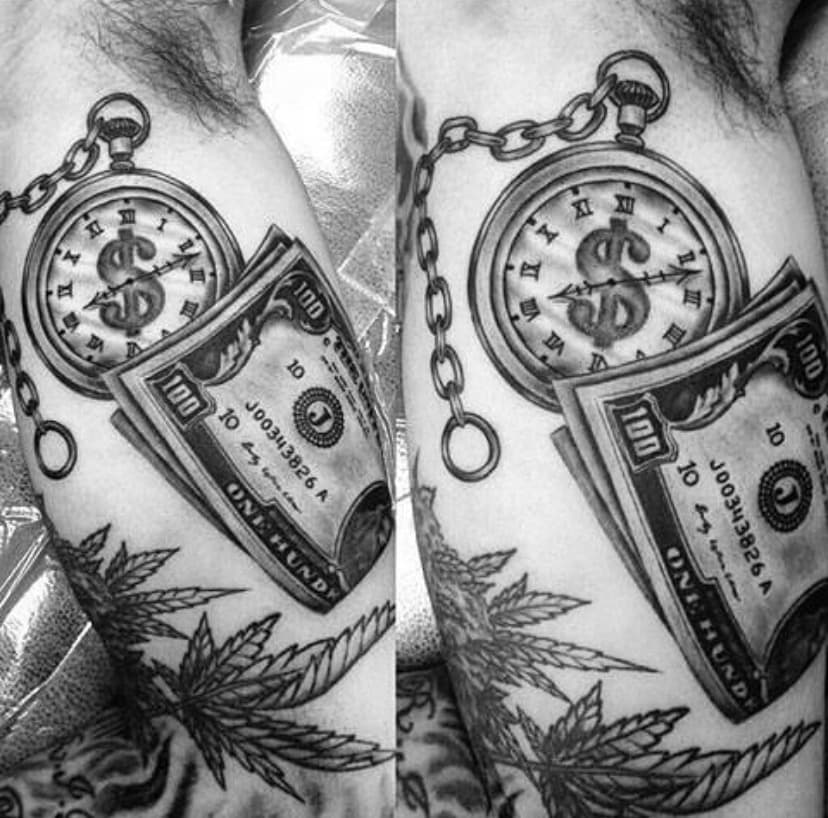 Black & Grey + Illustrative pocket watch tattoo on Upper Arm by A1_gallery on TattMe