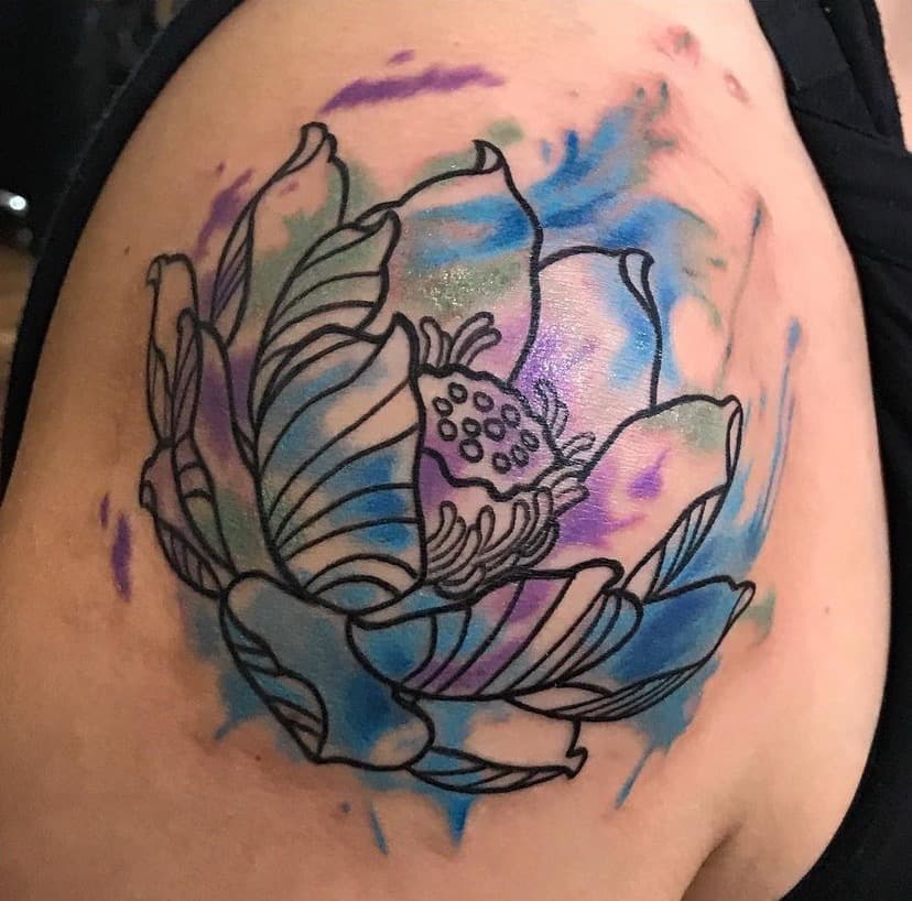 Watercolor + Floral lotus tattoo on Shoulder by A1_gallery on TattMe