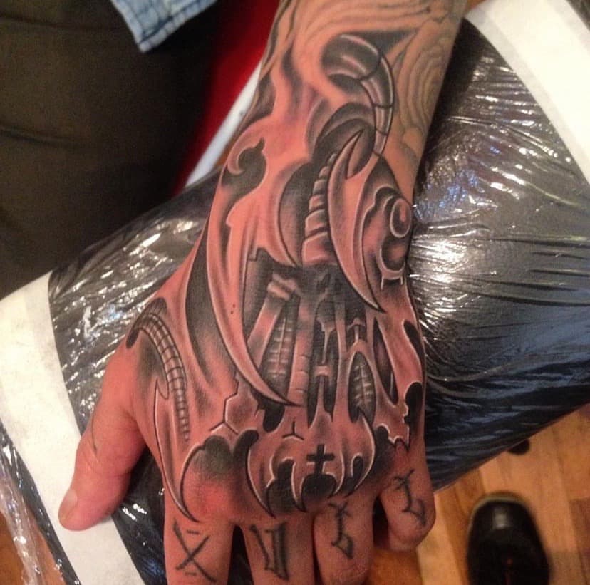 Biomechanical + Black & Grey biomechanics tattoo on Hand by A1_gallery on TattMe