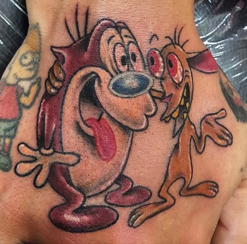 Cartoon + Color ren and stimpy tattoo on Hand by A1_gallery on TattMe