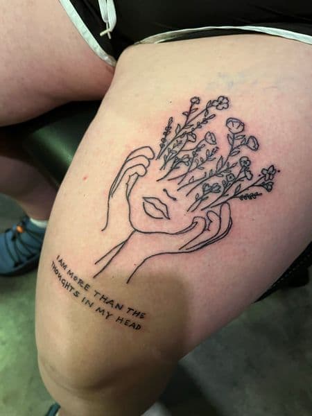 Fine Line + Minimalist face tattoo on Thigh by InkedByNaireea on TattMe