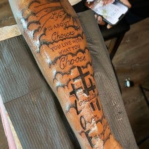 Script quotes tattoo on Half Sleeve by InkedByNaireea on TattMe