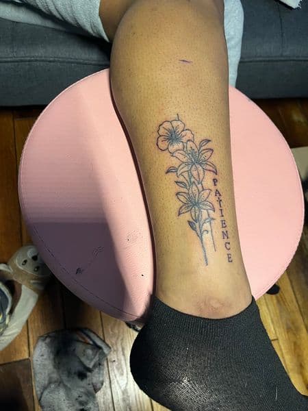 Fine Line + Black-work flowers tattoo on Shin by InkedByNaireea on TattMe