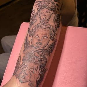 Black & Grey + Illustrative cherubs tattoo on Half Sleeve by InkedByNaireea on TattMe