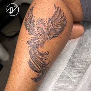 Black & Grey + Illustrative phoenix tattoo on Calf by Officialdetailedink on TattMe