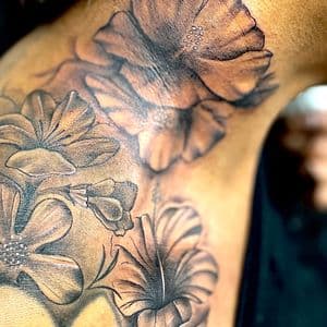 Floral + Black & Grey flowers tattoo on Neck (Side) by Officialdetailedink on TattMe
