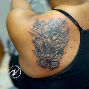 Black & Grey + Illustrative flowers tattoo on Shoulder Blade by Officialdetailedink on TattMe