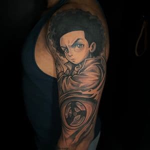 Anime + Black & Grey afro tattoo on Half Sleeve by artizmylov on TattMe
