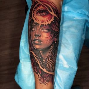 Illustrative Realism + Surrealism woman tattoo on Calf by artizmylov on TattMe