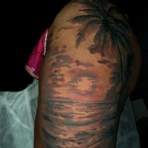 Black & Grey + Realism palm tree tattoo on Thigh by artizmylov on TattMe