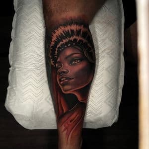 Realism + Color woman tattoo on Calf by artizmylov on TattMe