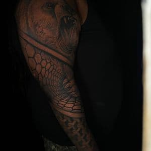 Black & Grey + Realism bear tattoo on Full Sleeve by artizmylov on TattMe