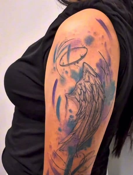 Watercolor + Line-work wings tattoo on Upper Arm by NebsiOne on TattMe