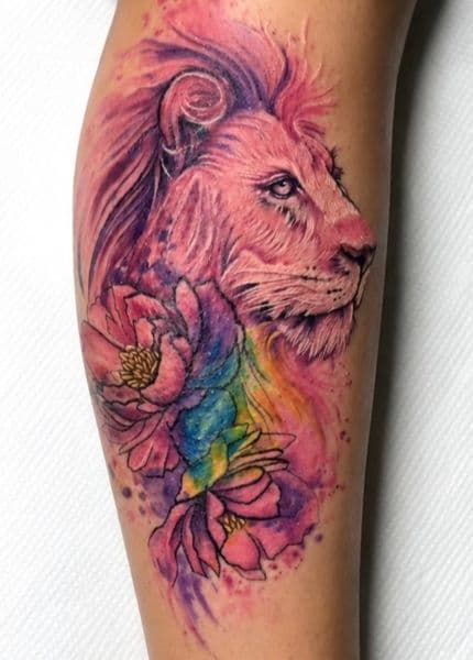 Watercolor + Illustrative lion tattoo on Calf by NebsiOne on TattMe