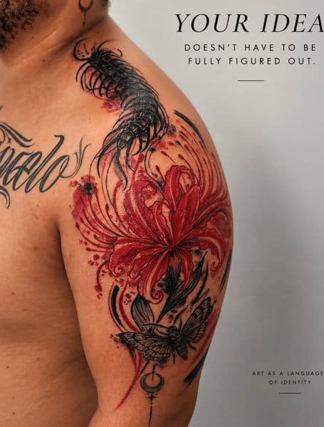 Illustrative + Color centipede tattoo on Upper Arm by NebsiOne on TattMe