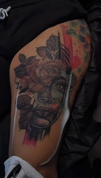 Realism + Floral woman tattoo on Thigh by NebsiOne on TattMe