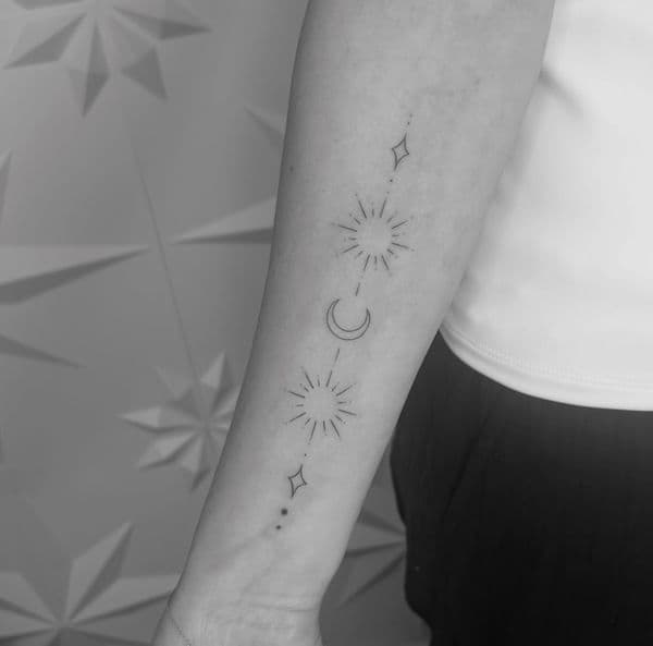 Fine Line + Minimalist sun tattoo on Forearm by Pinky_Inky_Tattoo on TattMe