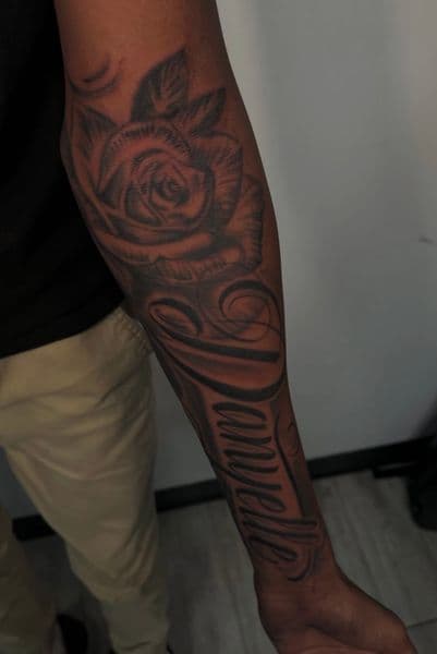 Black & Grey + Script rose tattoo on Forearm by Tattedbyd on TattMe