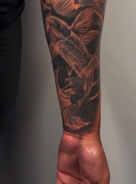 Black & Grey + Japanese koi tattoo on Forearm by Tattedbyd on TattMe