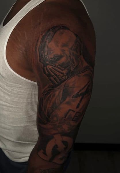 Black & Grey + Realism bane tattoo on Upper Arm by Tattedbyd on TattMe