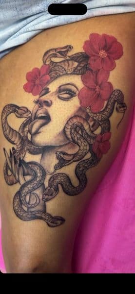 Black & Grey + Color medusa tattoo on Thigh by tough_ink on TattMe