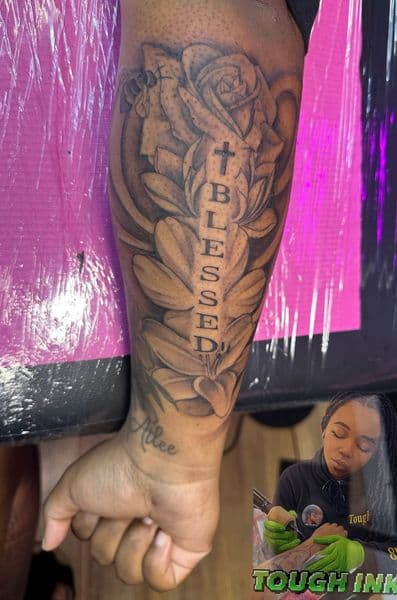 Black & Grey + Floral rose tattoo on Forearm by tough_ink on TattMe