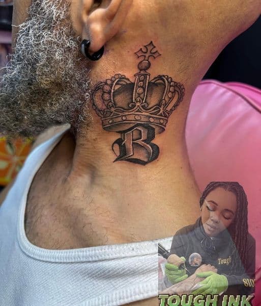 Black & Grey + Lettering crown tattoo on Neck (Side) by tough_ink on TattMe