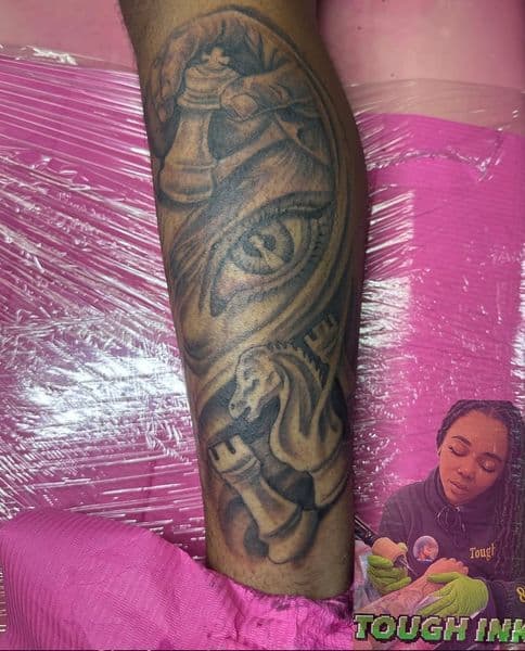 Black & Grey + Realism chess tattoo on Calf by tough_ink on TattMe