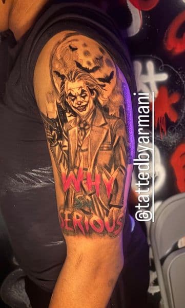 Black & Grey + Illustrative joker tattoo on Upper Arm by Quiet_Tattoo_Artist on TattMe