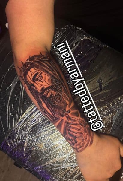 Black & Grey + Illustrative jesus tattoo on Forearm by Quiet_Tattoo_Artist on TattMe