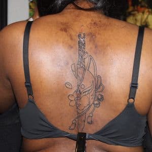 Japanese + Line-work kitsune tattoo on Spine by GraceSolArt on TattMe