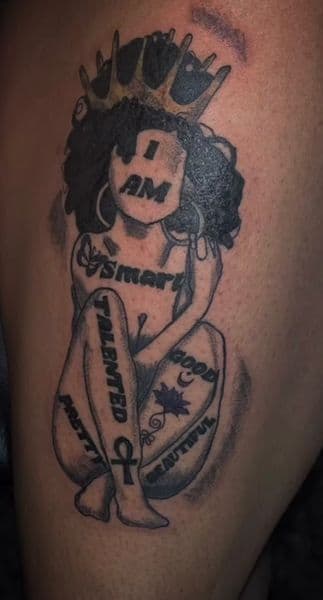 Black & Grey + Illustrative woman tattoo on Thigh by GraceSolArt on TattMe